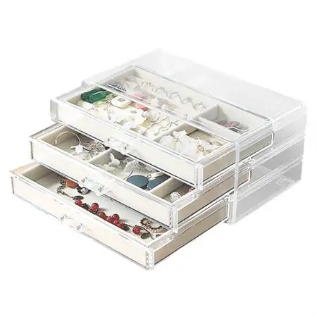 UNIQ Akryl Smykkeskrin med 3 Skuffer - Organizer opbevaring til ørering, halskæder, armbånd, ure etc.