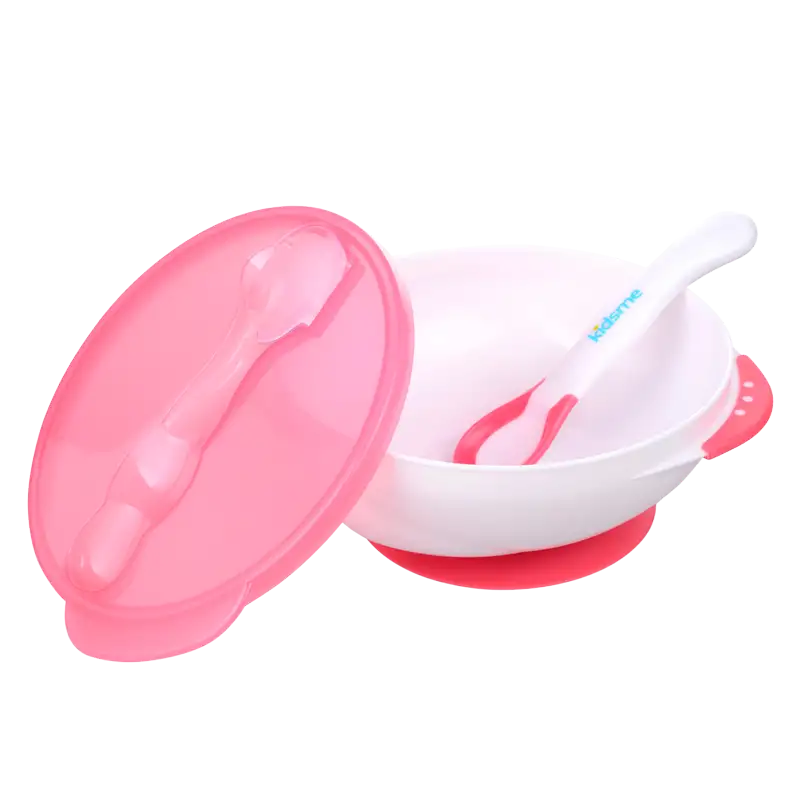 Kidsme Dyb Tallerken Med Sugekop & Temperaturske Pink (1 sæt)