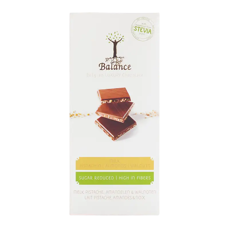 Stevia Balance Plade Mælk Pistache Mandel & Valnød (85 g)